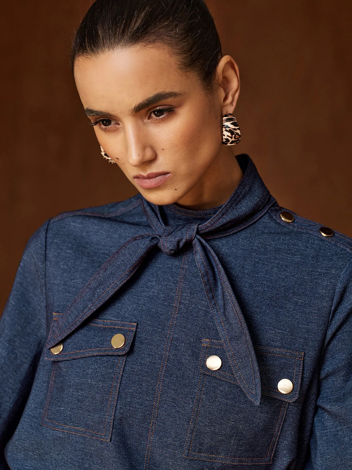 Faux‑Denim Bow Blouse Pleated Skirt Set sold by COMMENSE product image thumbnail 5