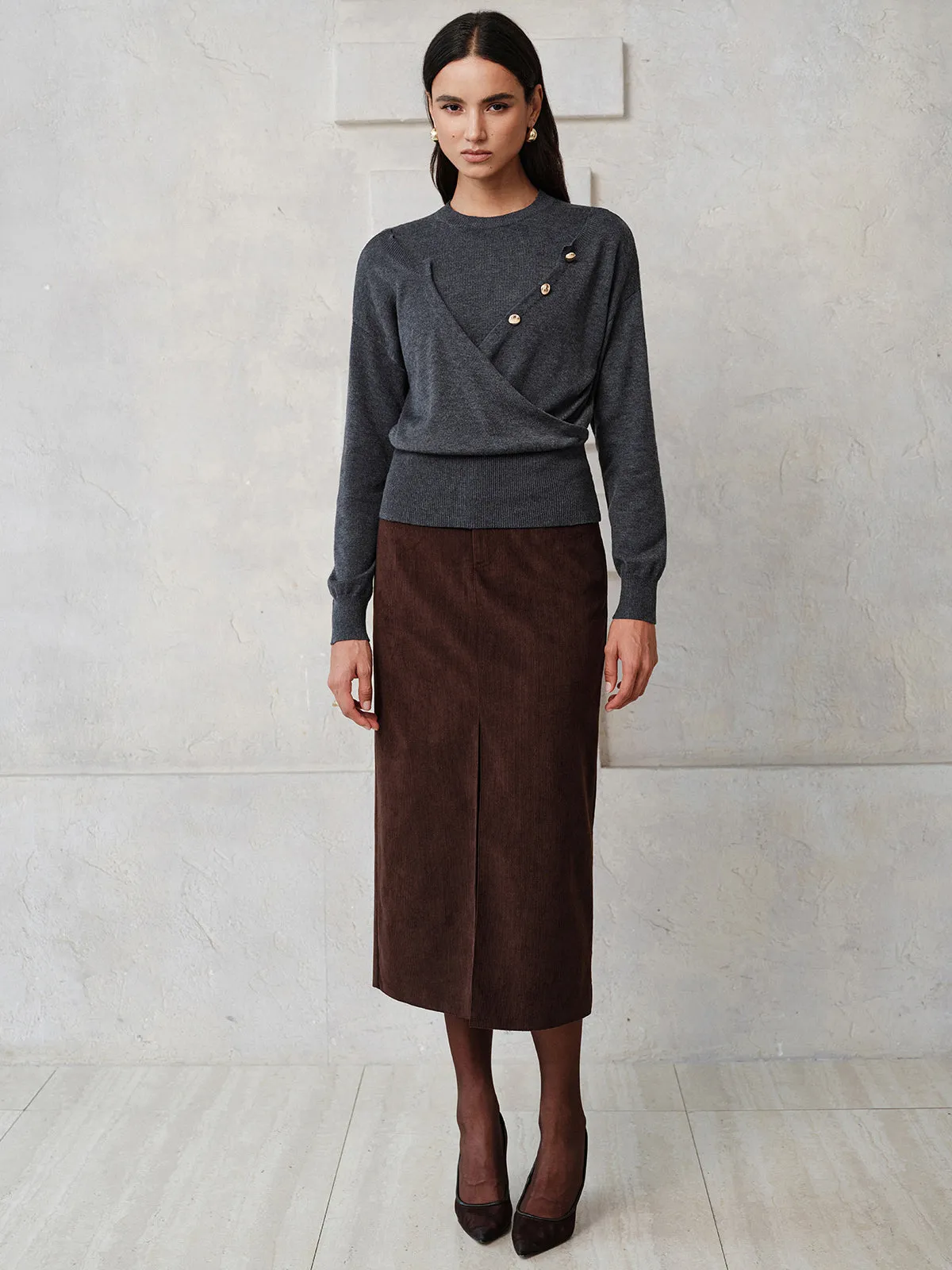 Button Detail Wrap‑Front Integrated Knit Top sold by COMMENSE product image thumbnail 4