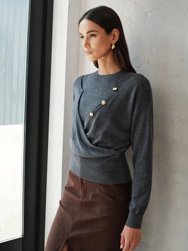 Button Detail Wrap‑Front Integrated Knit Top made by COMMENSE