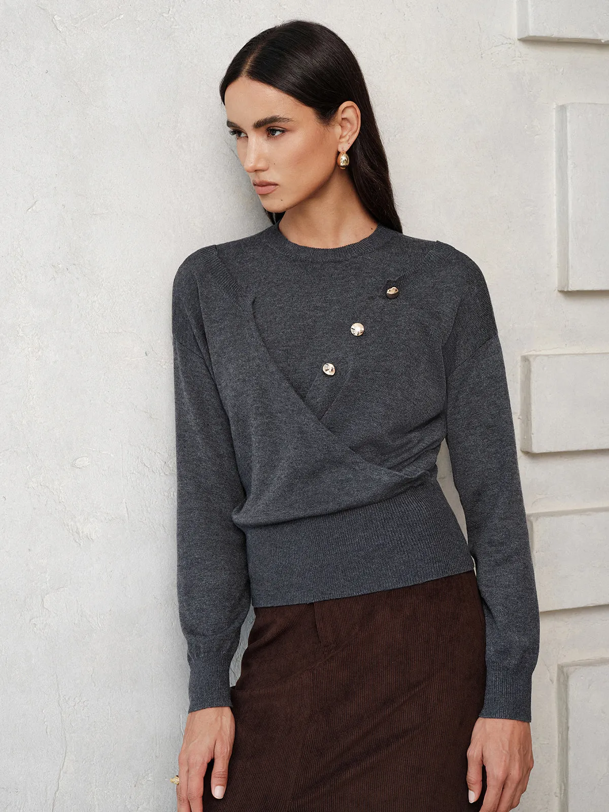 Button Detail Wrap‑Front Integrated Knit Top sold by COMMENSE product image thumbnail 5