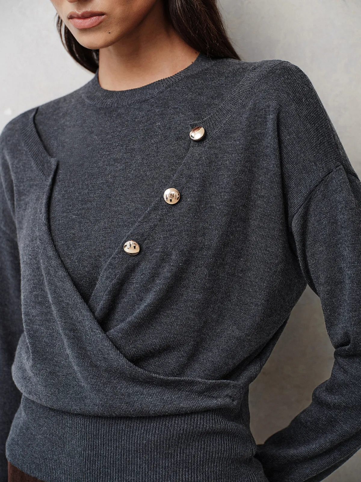 Button Detail Wrap‑Front Integrated Knit Top sold by COMMENSE product image thumbnail 2