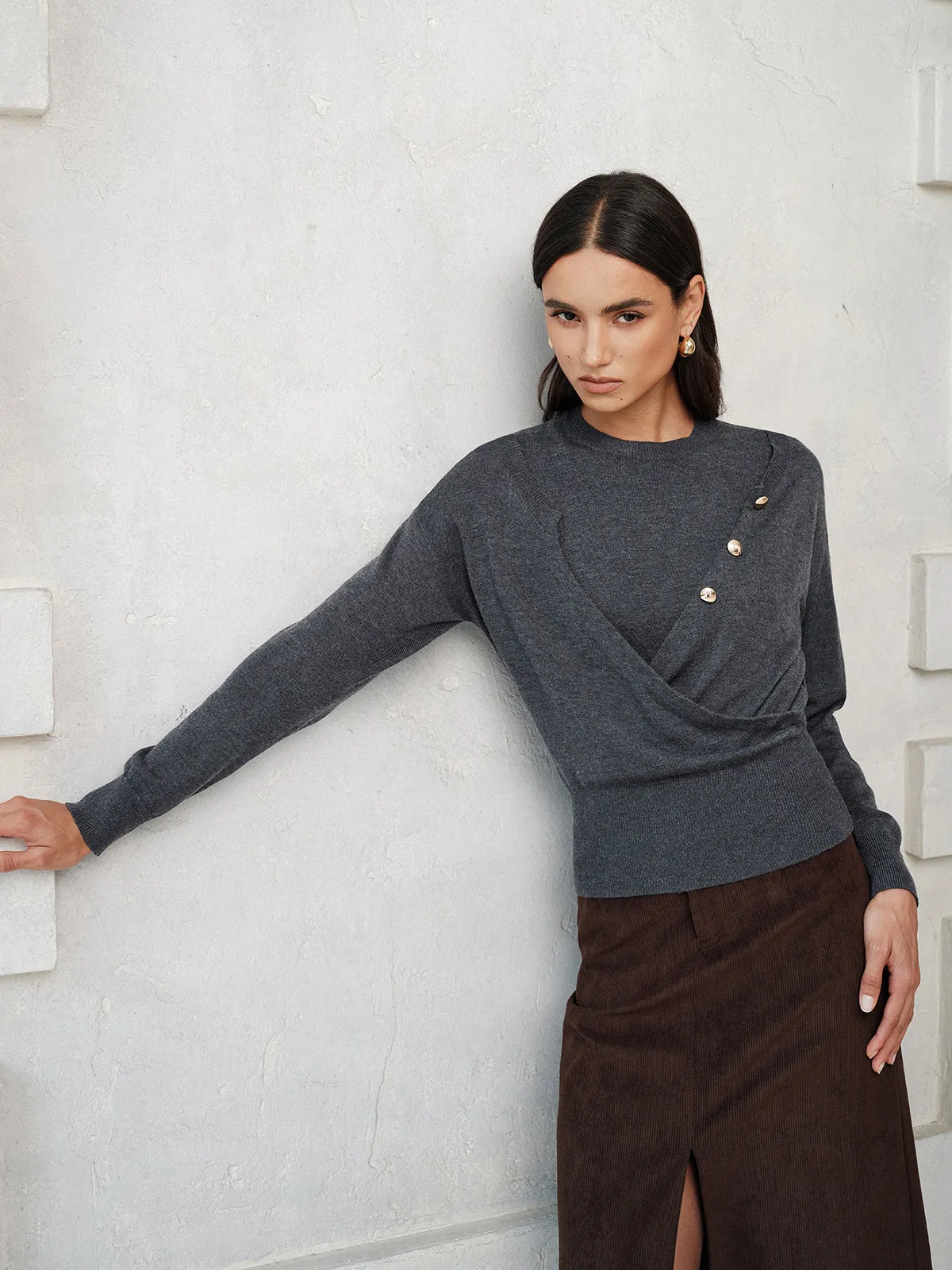 Button Detail Wrap‑Front Integrated Knit Top sold by COMMENSE product image thumbnail 3