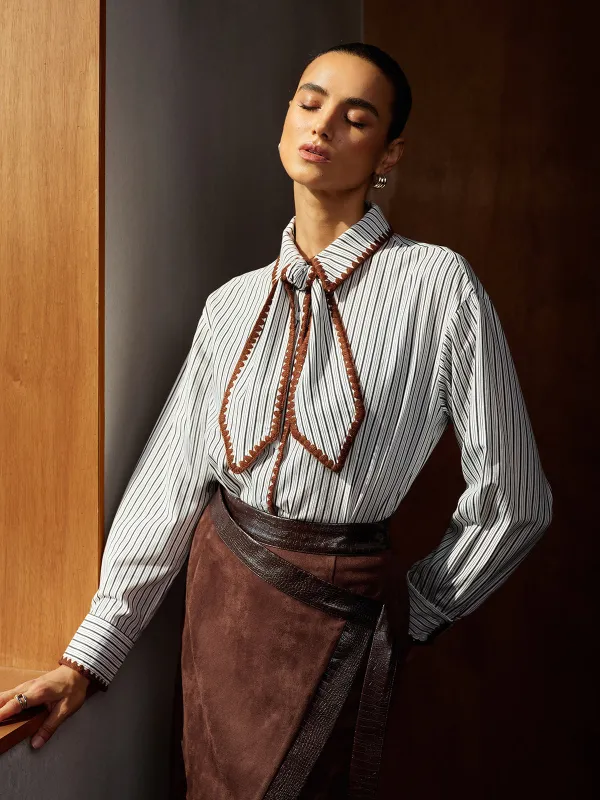 Crochet Edge Bow Tie Striped Shirt made by COMMENSE