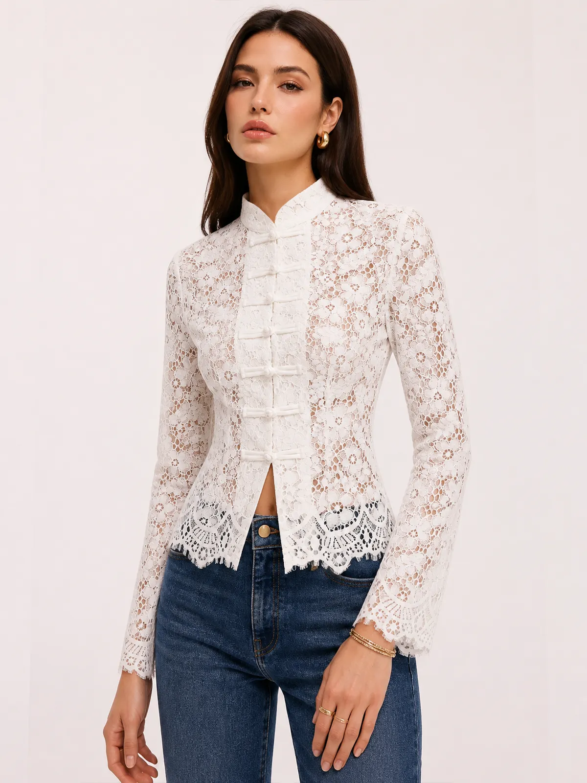 Mandarin Collar Lace Button-Up Top sold by COMMENSE