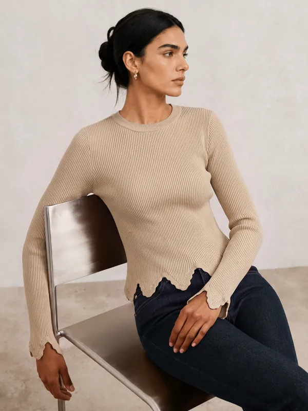 Scallop Hem Ribbed Knit Top made by COMMENSE