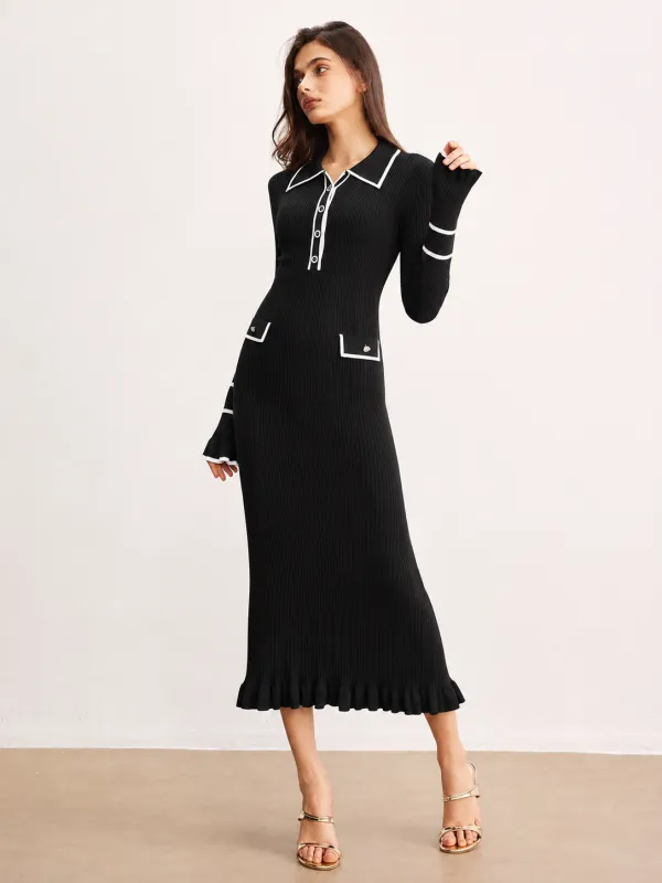 Contrast Trim Ribbed Knit Polo Maxi Dress made by COMMENSE