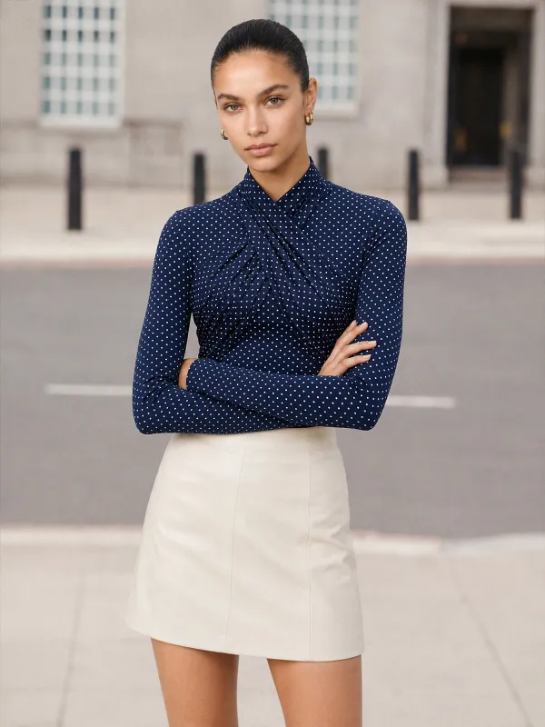 Fitted Polka Dot Criss‑Cross Neck Top made by COMMENSE