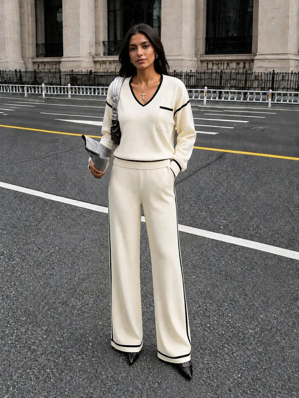 Contrast Trim Wool Blend Knit Co‑ord Set made by COMMENSE