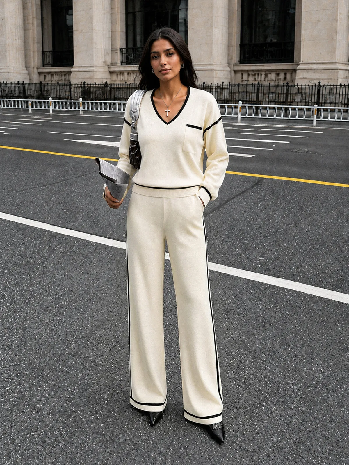 Contrast Trim Wool Blend Knit Co‑ord Set sold by COMMENSE