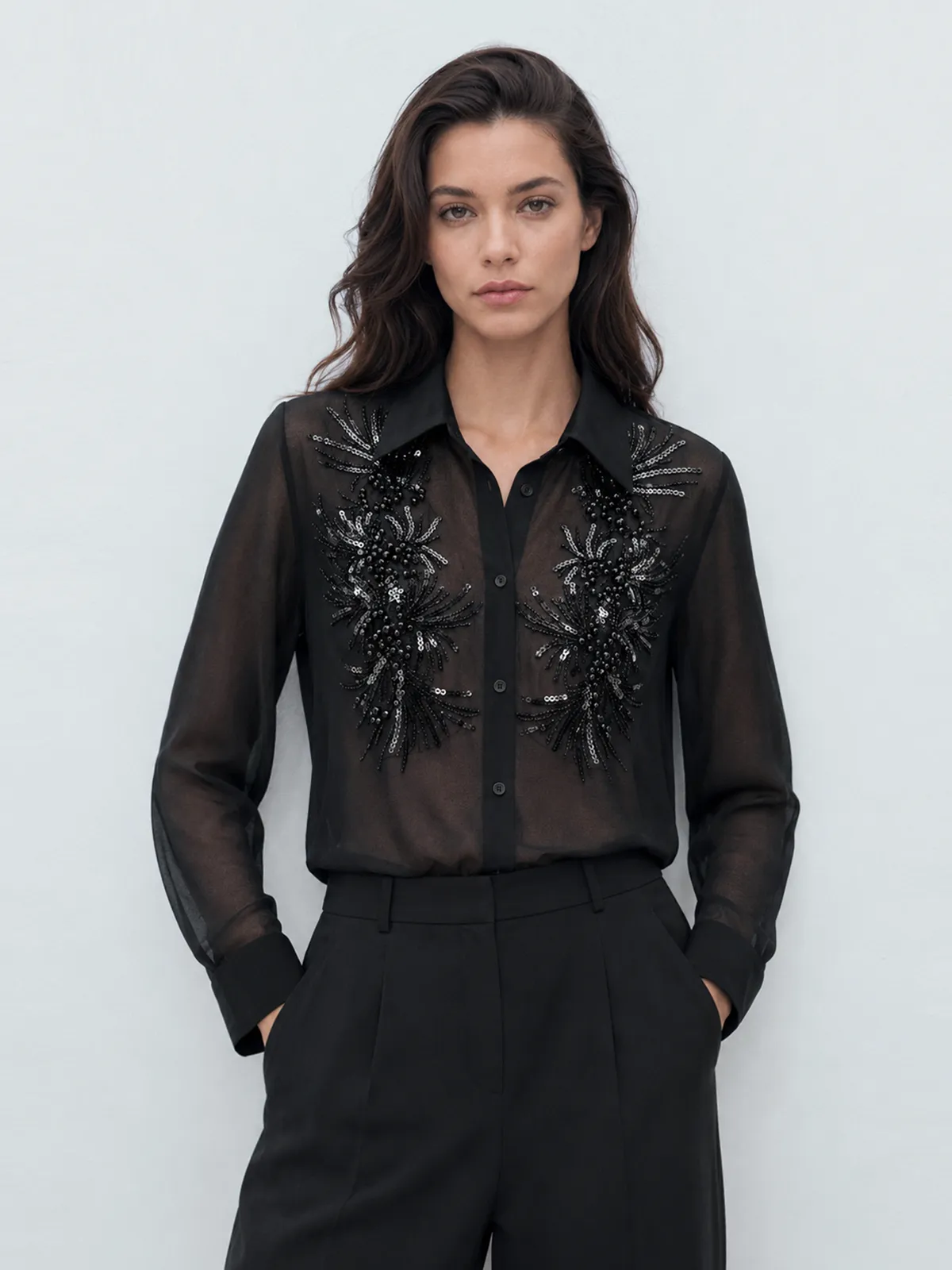Sheer Beaded Embroidered Long Sleeve Shirt sold by COMMENSE
