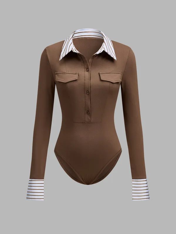 Stripe Collar Patchwork Long Sleeve Bodysuit made by COMMENSE