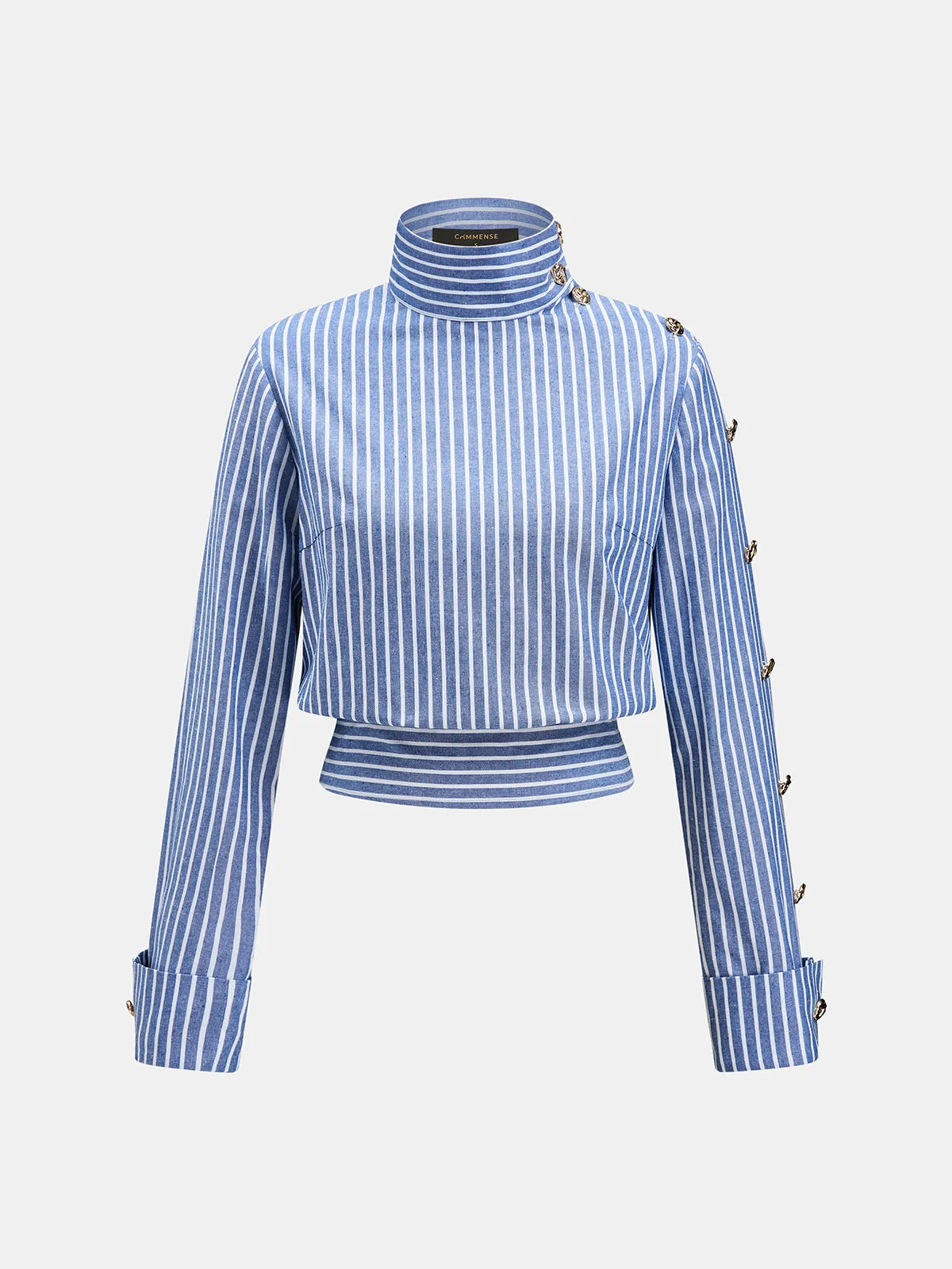 Striped Button Detail Cropped Cotton Linen Blouse sold by COMMENSE product image thumbnail 3