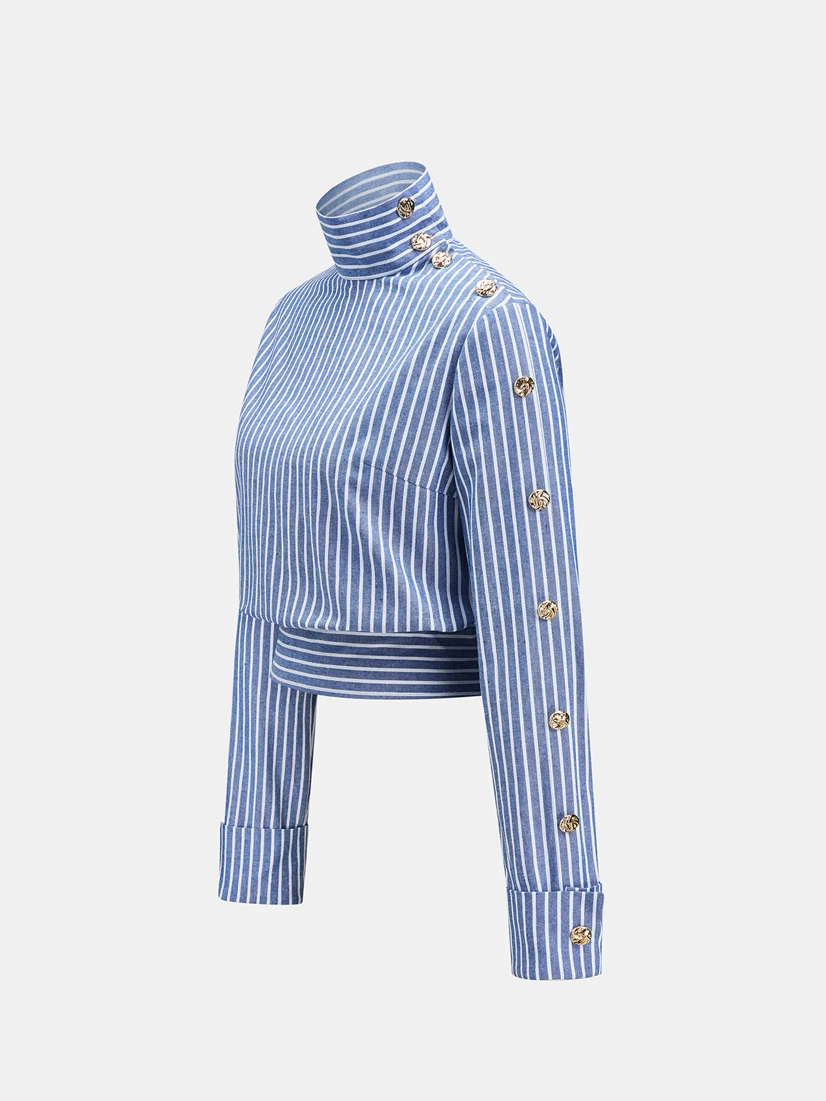 Striped Button Detail Cropped Cotton Linen Blouse sold by COMMENSE product image thumbnail 4