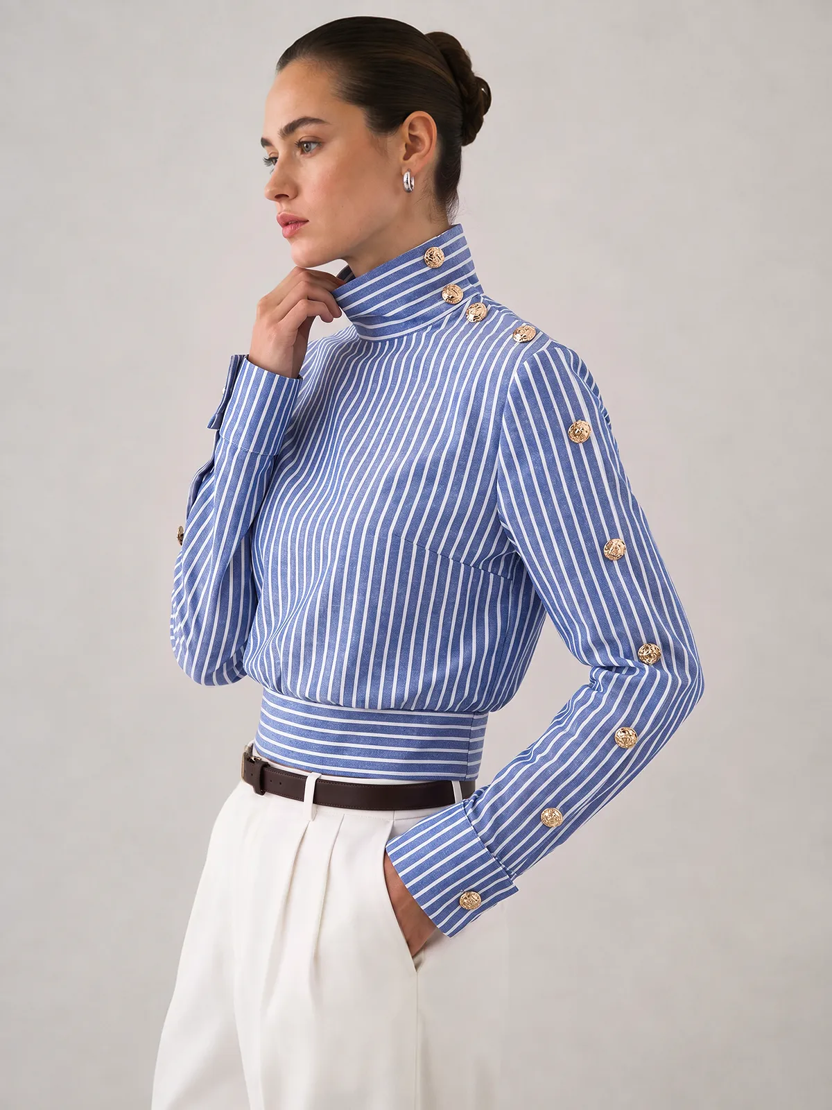 Striped Button Detail Cropped Cotton Linen Blouse sold by COMMENSE