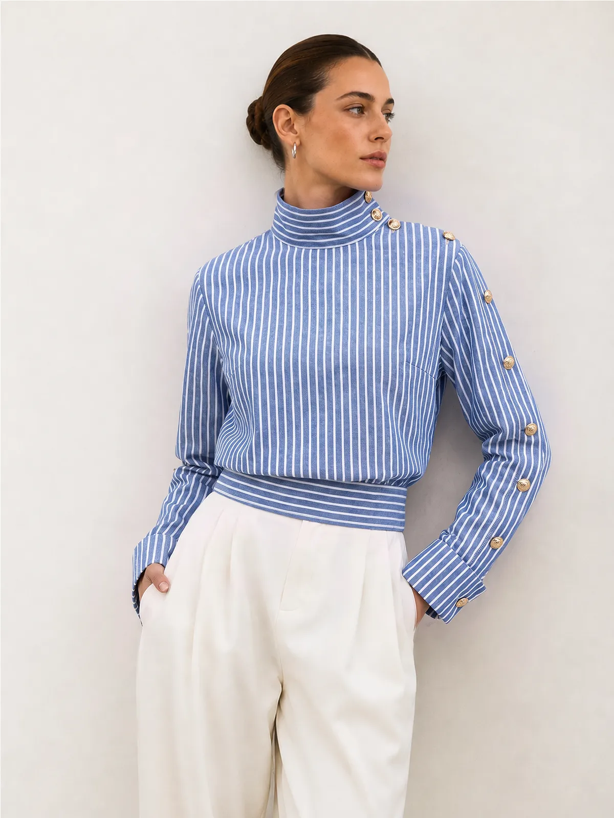 Striped Button Detail Cropped Cotton Linen Blouse sold by COMMENSE product image thumbnail 2