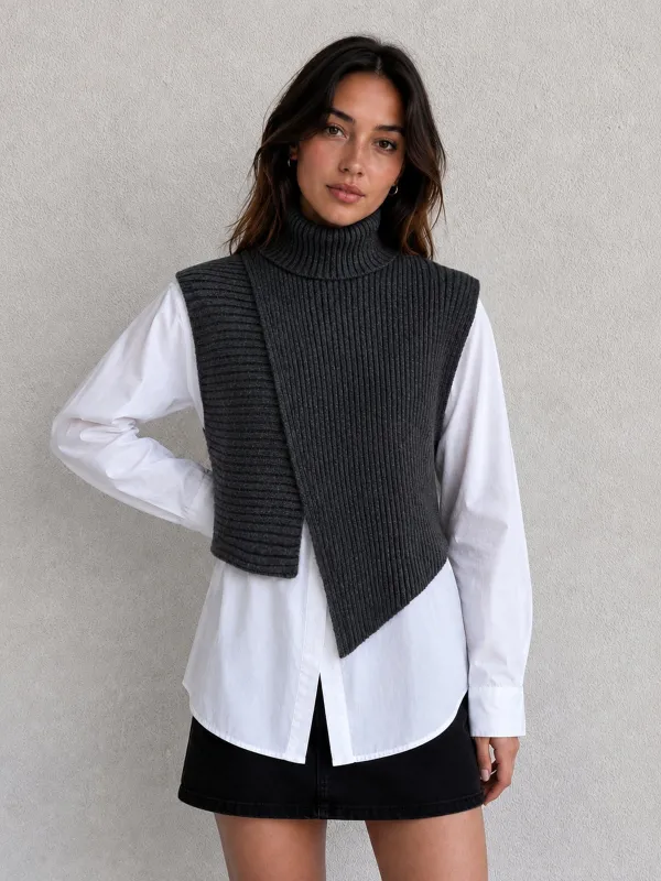 Asymmetric Turtleneck Knit Vest & Cotton Shirt Set made by COMMENSE