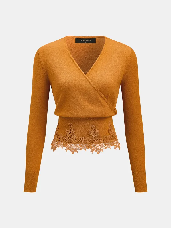 V‑Neck Lace Hem Long Sleeve Knit Top made by COMMENSE