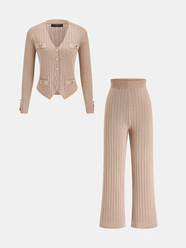 Ribbed Knit Three‑Piece Vest Cardigan Pants Set made by COMMENSE