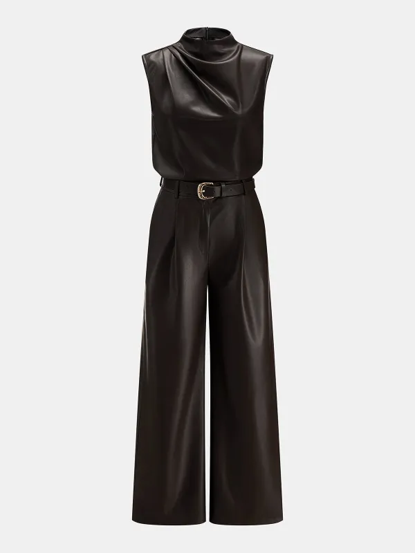 Faux Leather Two‑Piece Belted Pants Set made by COMMENSE