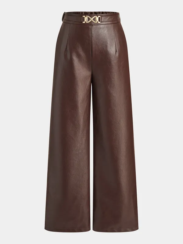 Metal Buckle Faux Leather Straight Leg Pants made by COMMENSE