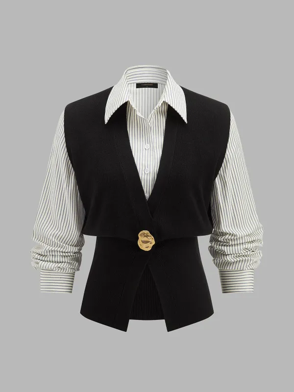 Faux Two‑Piece Striped Collar Knit Top made by COMMENSE