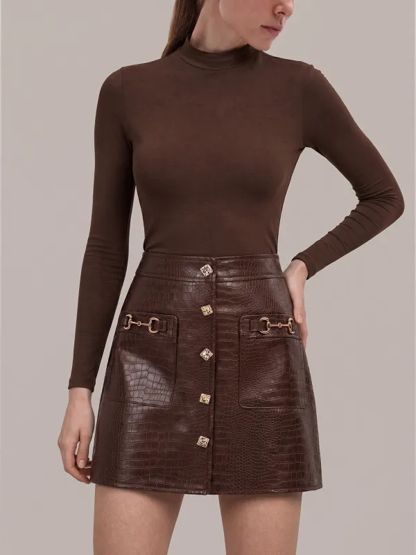 Horsebit Detail Croc‑Embossed Faux Leather Mini Skirt made by COMMENSE