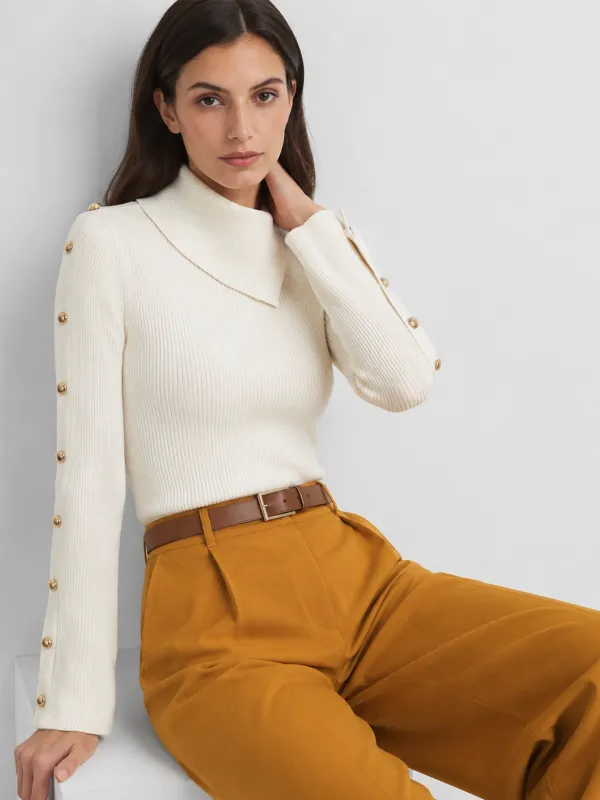 Asymmetrical Collar Button Sleeve Ribbed Knit Top made by COMMENSE