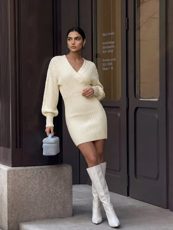 Cross‑Over Cable Knit Puff Sleeve Midi Dress made by COMMENSE