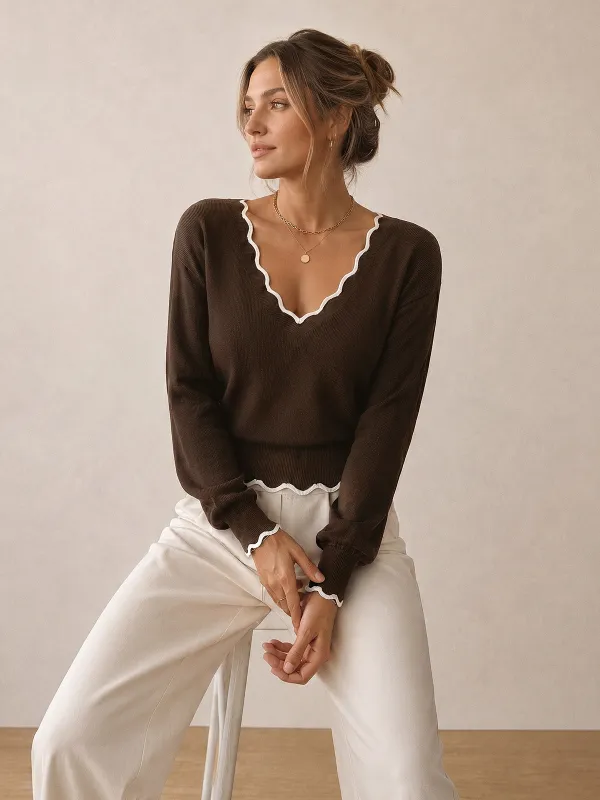 Contrast Scallop Trim Wool Blend Knit Sweater made by COMMENSE