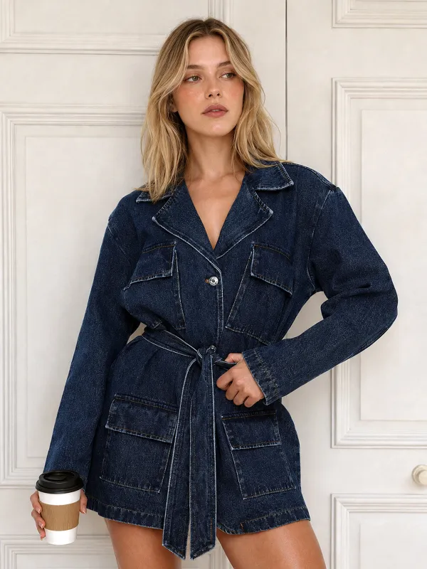 Belted Denim Utility Blazer Jacket made by COMMENSE