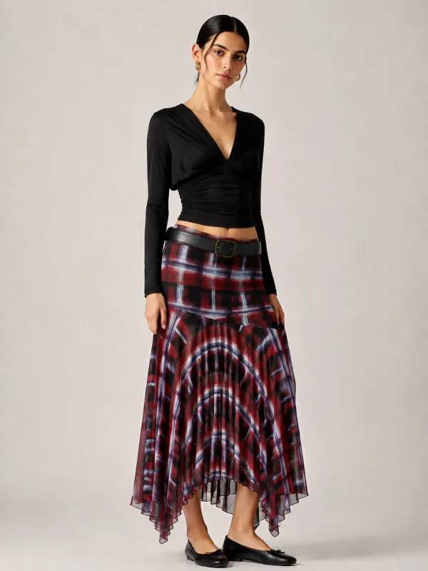 Plaid Mesh Asymmetrical Midi Skirt made by COMMENSE