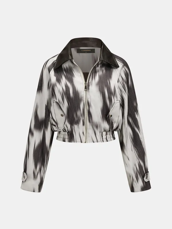 Faux‑Leather Collar Abstract Print Bomber Jacket made by COMMENSE
