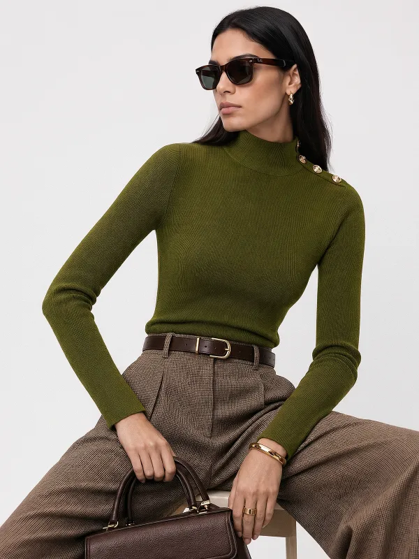 Mock Neck Shoulder Decorative Button Rib Knit Top made by COMMENSE