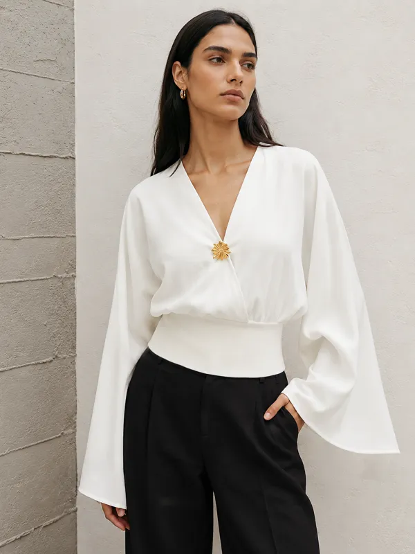 Metal Detail Flare Sleeve Waist‑Cinch Satin Blouse made by COMMENSE