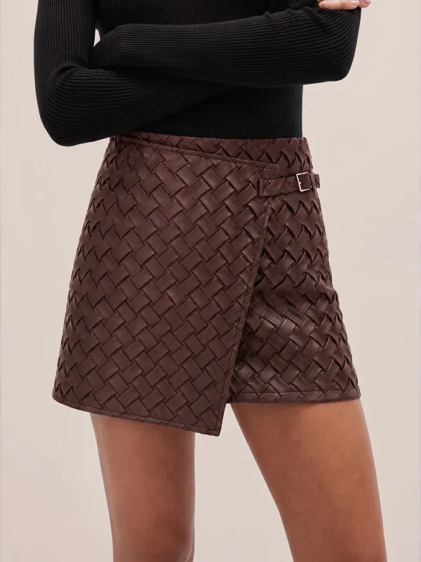 Woven Faux Leather Wrap Buckle Mini Skirt made by COMMENSE