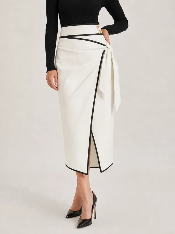 Contrast Piping Faux Leather Wrap Midi Skirt made by COMMENSE