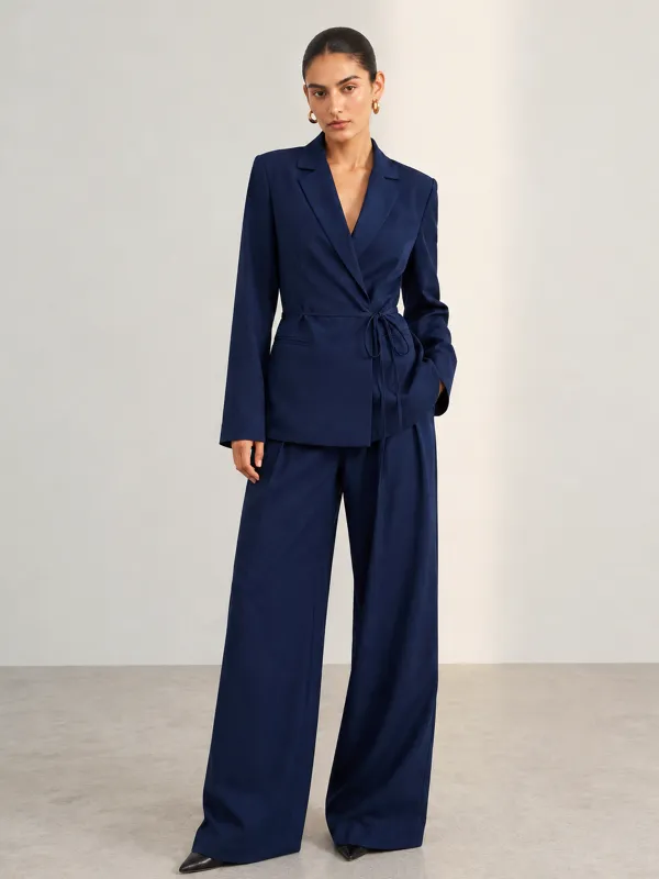 Tie‑Waist Wrap Blazer & Elastic Waist Pants Set made by COMMENSE