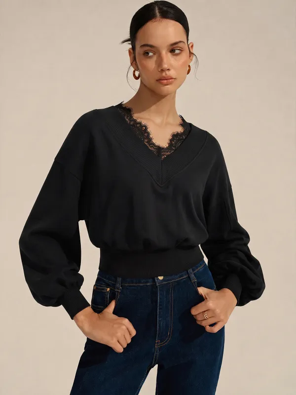 Lace Trim V‑Neck Balloon Sleeve Cropped Sweatshirt made by COMMENSE