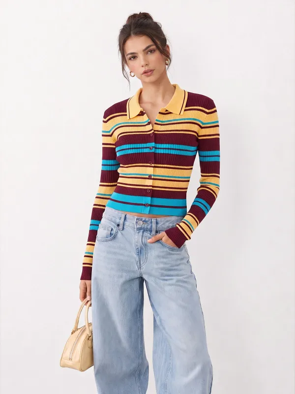 Multi‑Stripe Ribbed Collared Knit Cardigan made by COMMENSE