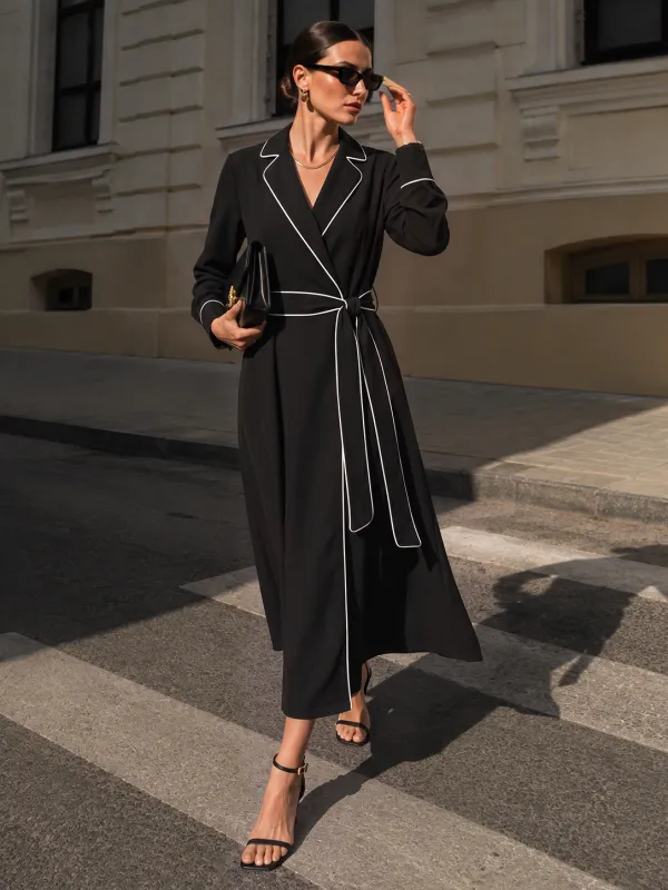 Belted Contrast Piping Lapel Wrap Midi Dress made by COMMENSE