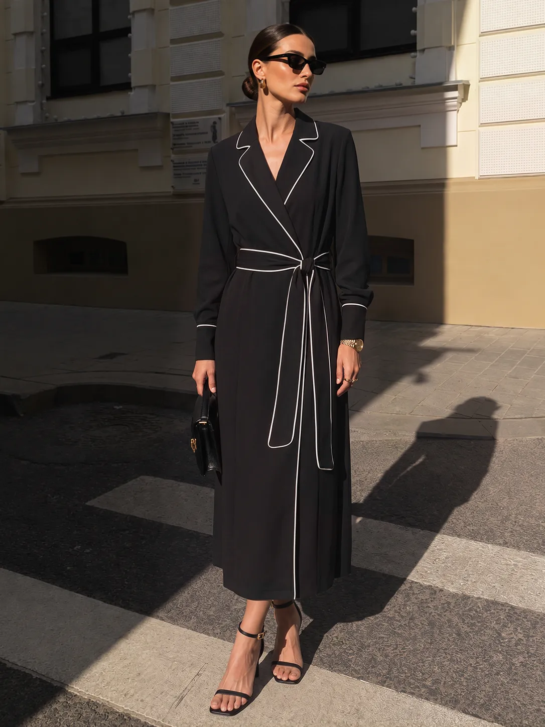 Belted Contrast Piping Lapel Wrap Midi Dress sold by COMMENSE product image thumbnail 2