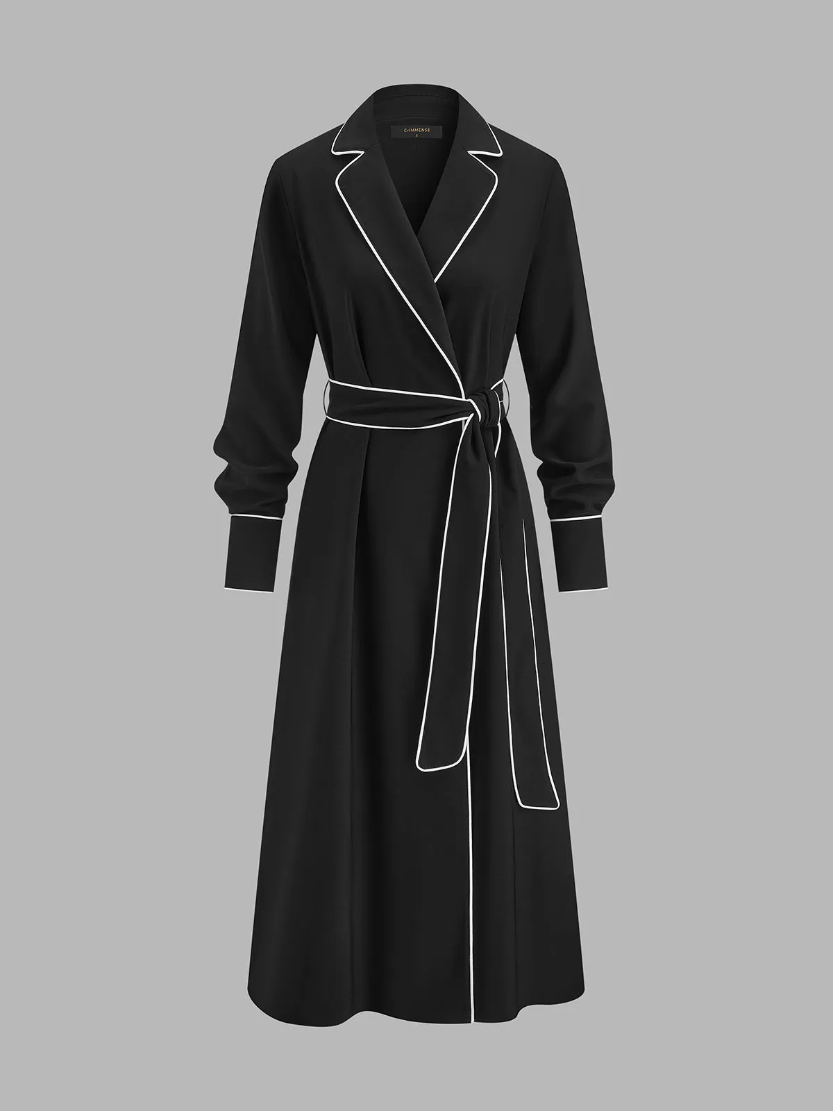 Belted Contrast Piping Lapel Wrap Midi Dress sold by COMMENSE product image thumbnail 3