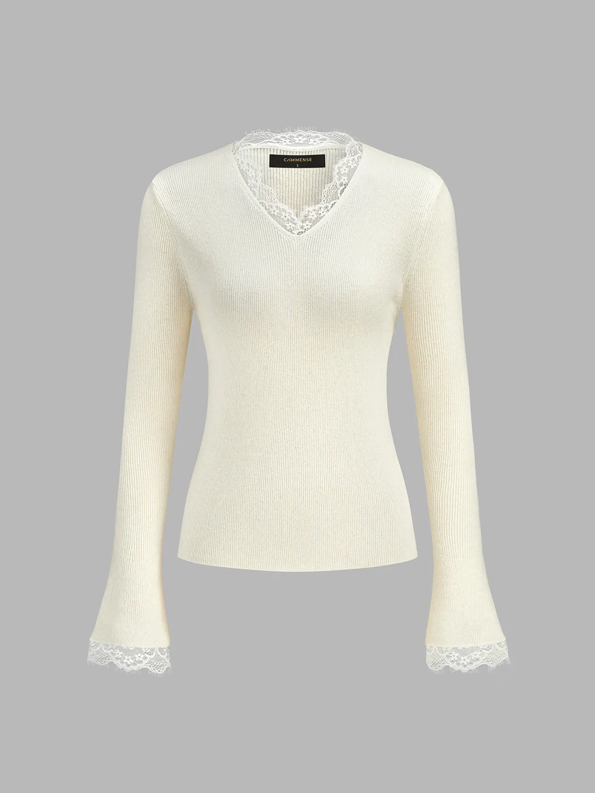 Lace‑Trim V‑Neck Ribbed Knit Flare‑Sleeve Top sold by COMMENSE product image thumbnail 2