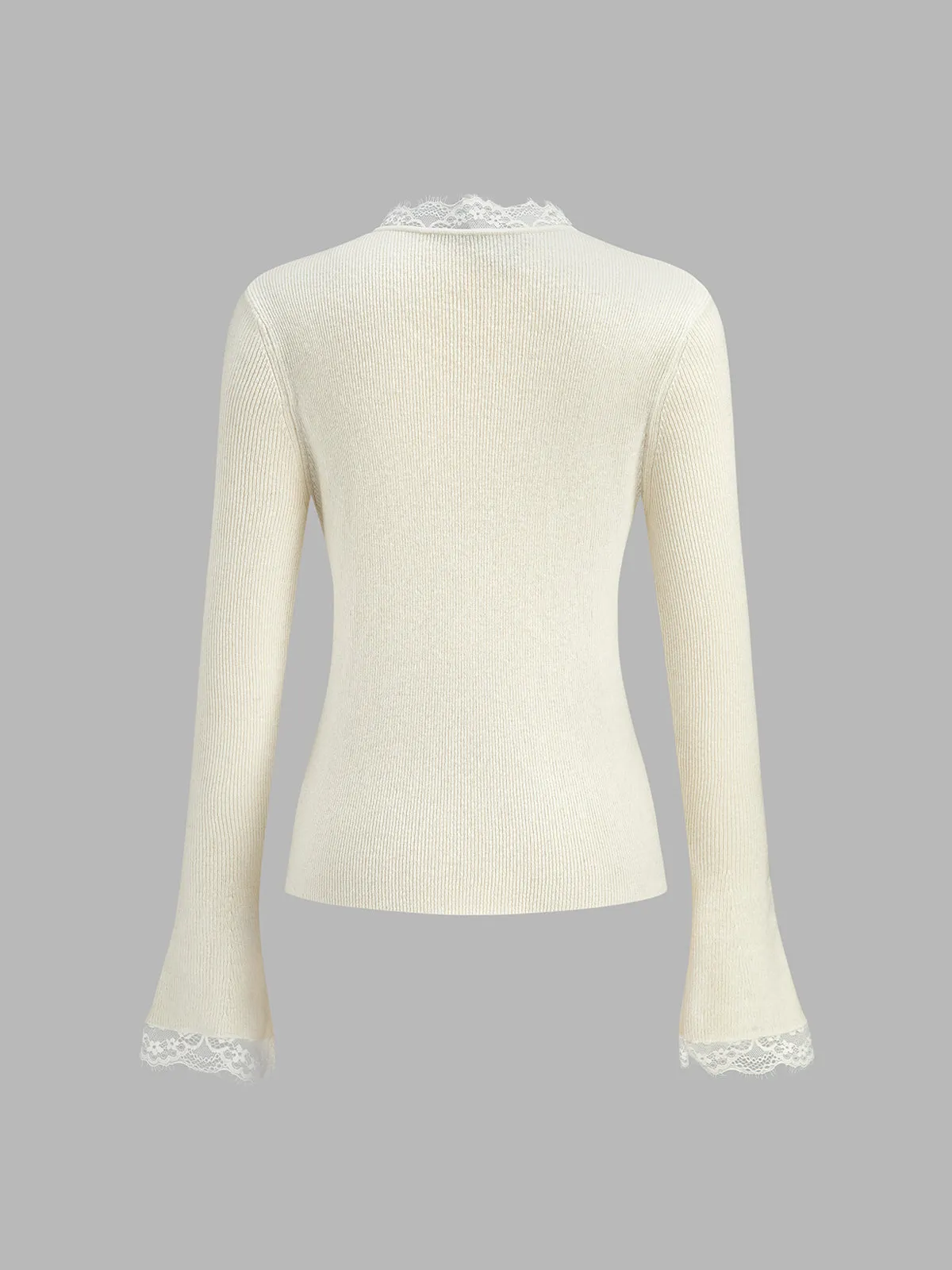Lace‑Trim V‑Neck Ribbed Knit Flare‑Sleeve Top sold by COMMENSE product image thumbnail 3