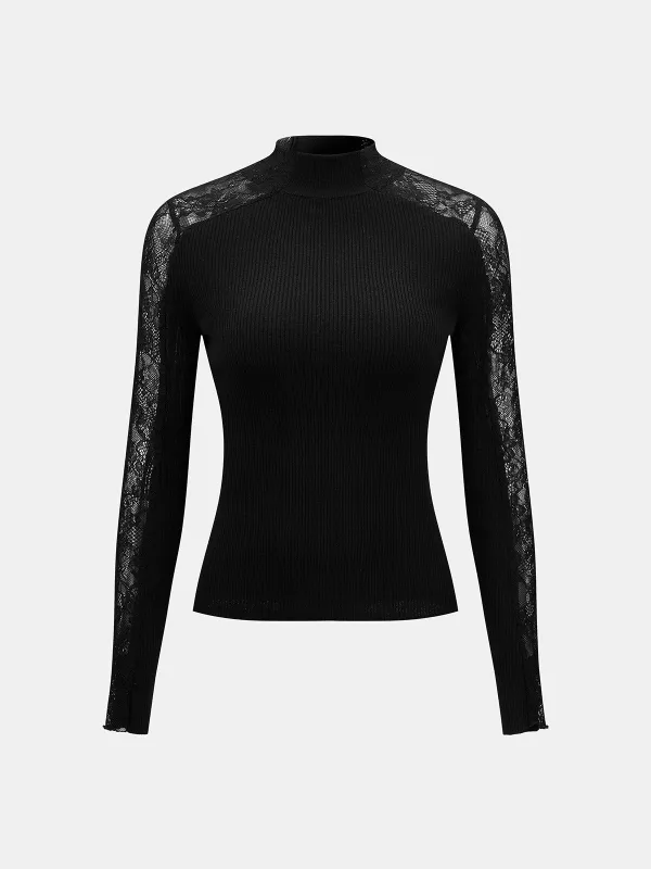 Lace Raglan Sleeve Mock‑Neck Ribbed Top made by COMMENSE
