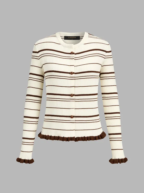 Ruffle Hem Striped Ribbed Knit Cardigan made by COMMENSE