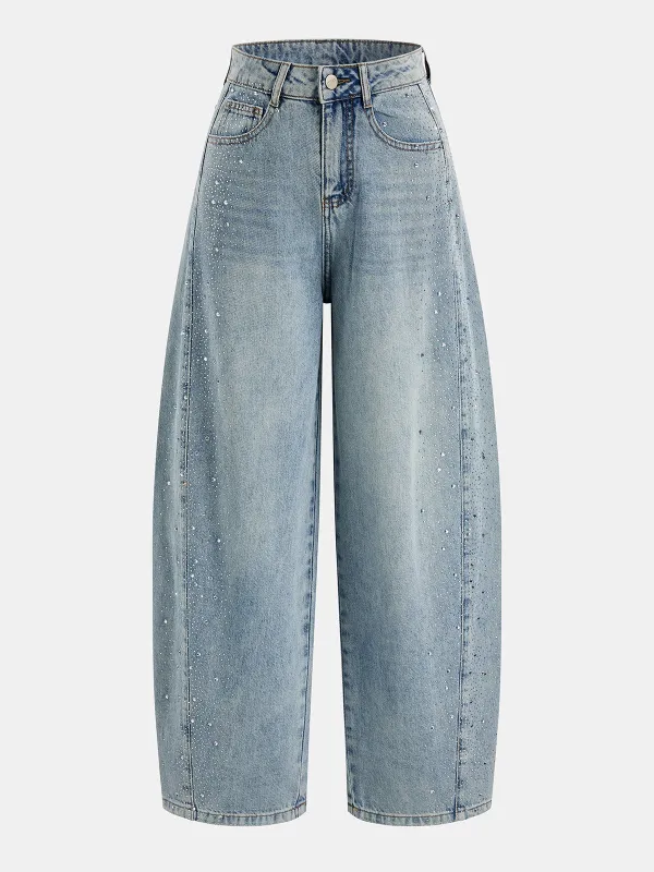 Rhinestone Embellished Barrel Leg Jeans made by COMMENSE