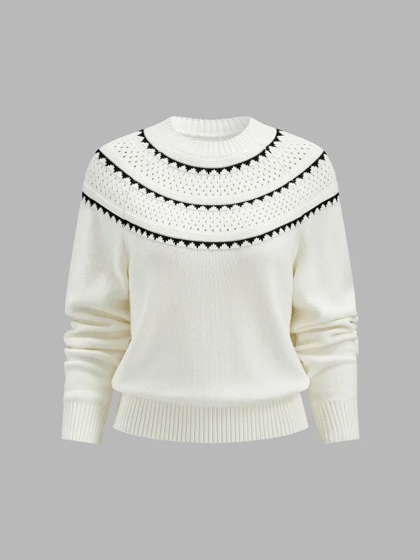Fair‑Isle Pointelle Knit Crew Neck Sweater made by COMMENSE