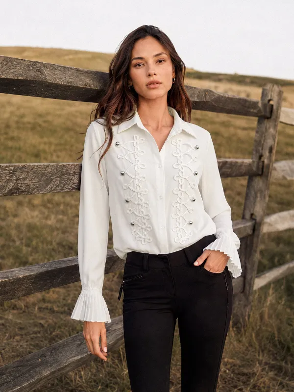 Braided Applique Pleated‑Cuff Button‑Down Shirt made by COMMENSE