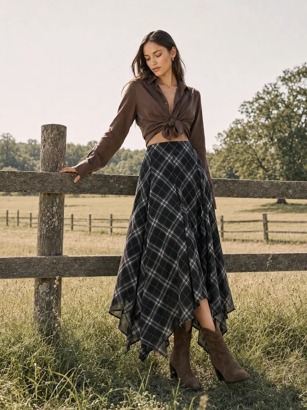 Plaid Asymmetrical Chiffon Midi Skirt made by COMMENSE